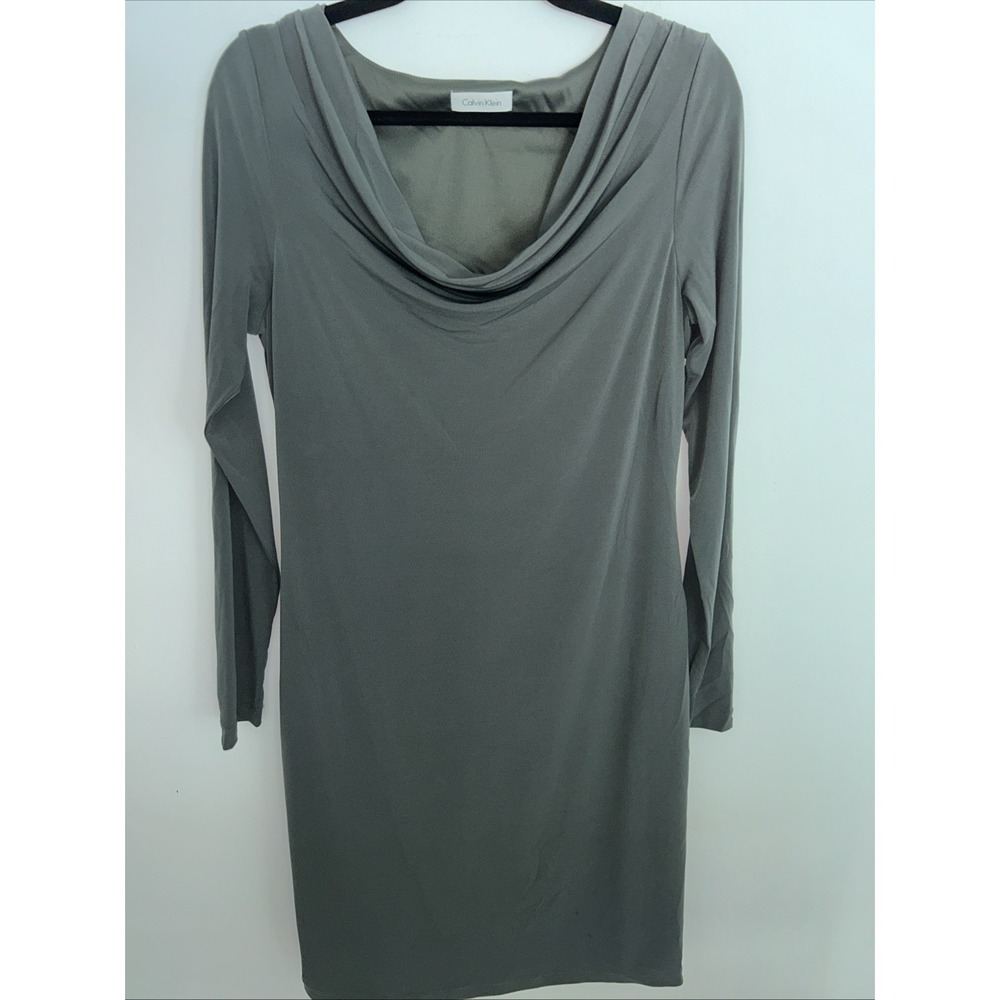 Calvin Klein M Long Sleeve Pullover‎ Cowl Neck Knee Length Olive Green Dress